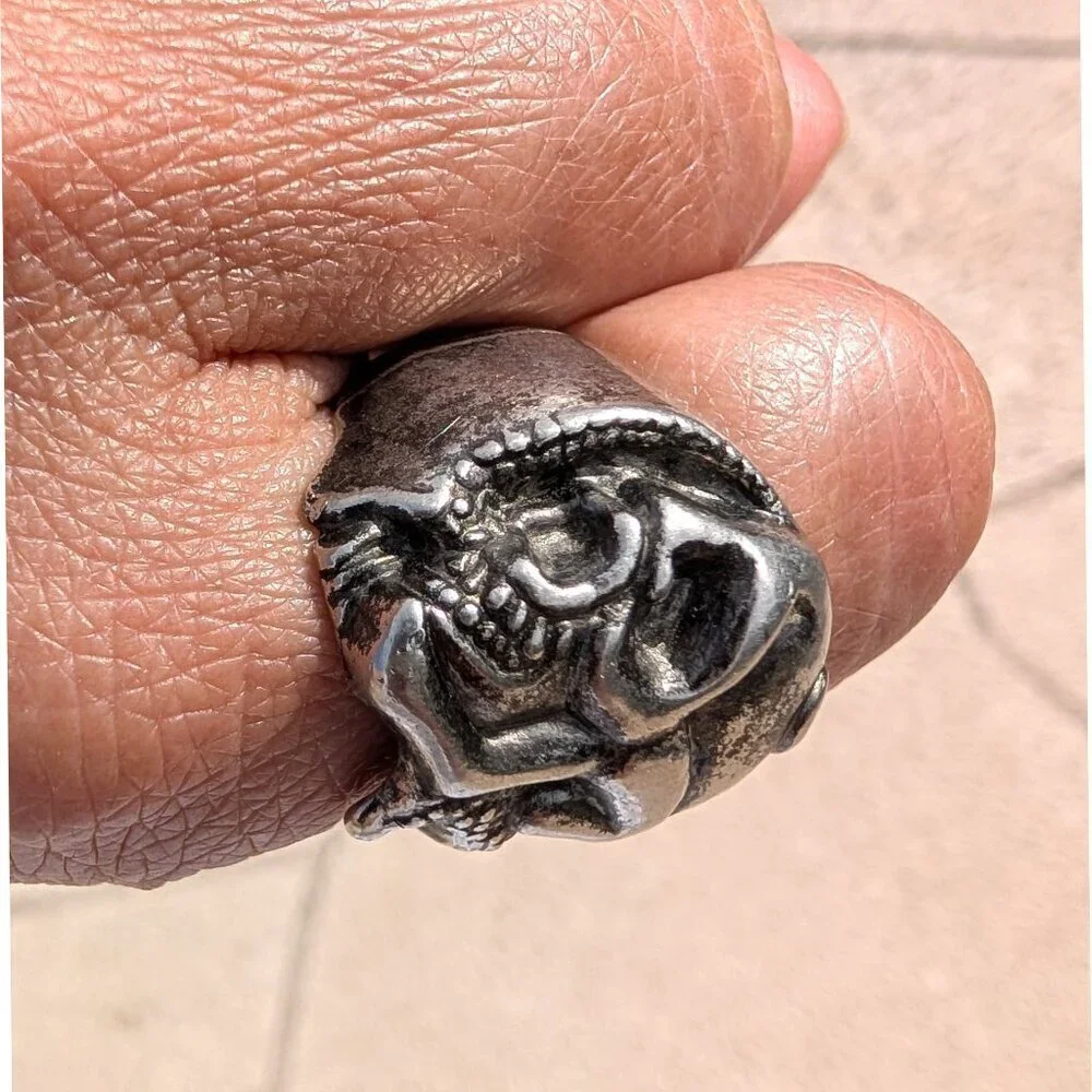 Vintage Silver Skull Ring Abstract Biker Style size 8 Gothic Chunky Adjustable
